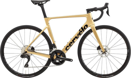 Cervelo Soloist 105 Di2 Road Bike in matte gold with black logo, optimized for climbs and flats with aerodynamic design and precision electronic shifting.