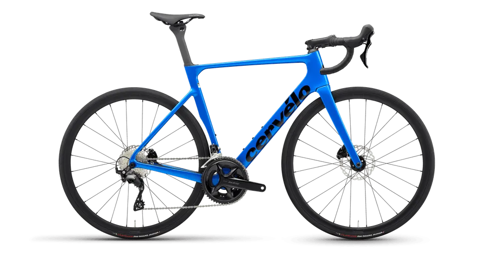 Cervelo Soloist 105 Road Bike in blue with black logo, lightweight performance road bike featuring disc brakes and race-ready geometry.