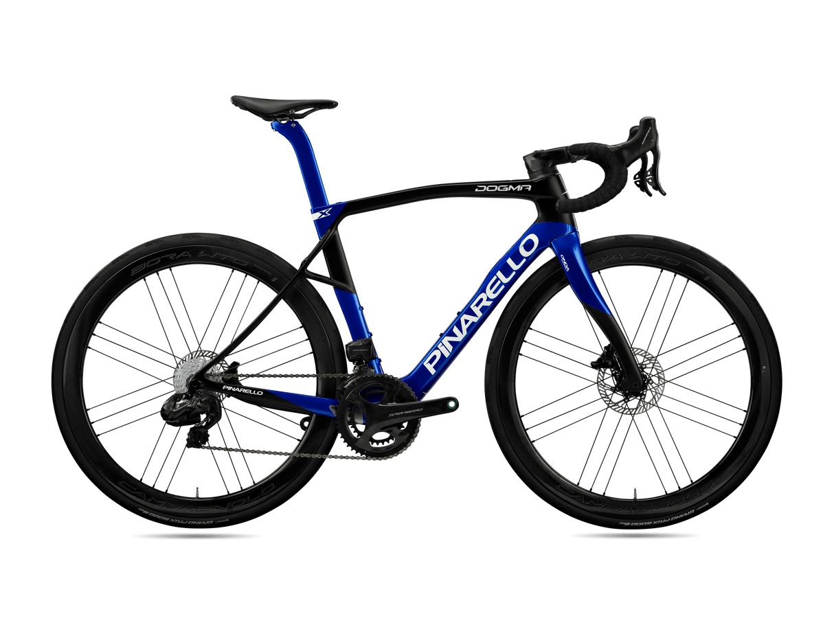 Blue and black Pinarello Dogma X Endurance Road Bike with high-performance geometry and disc brakes. Get yours at Billy Bilsland Cycles.
