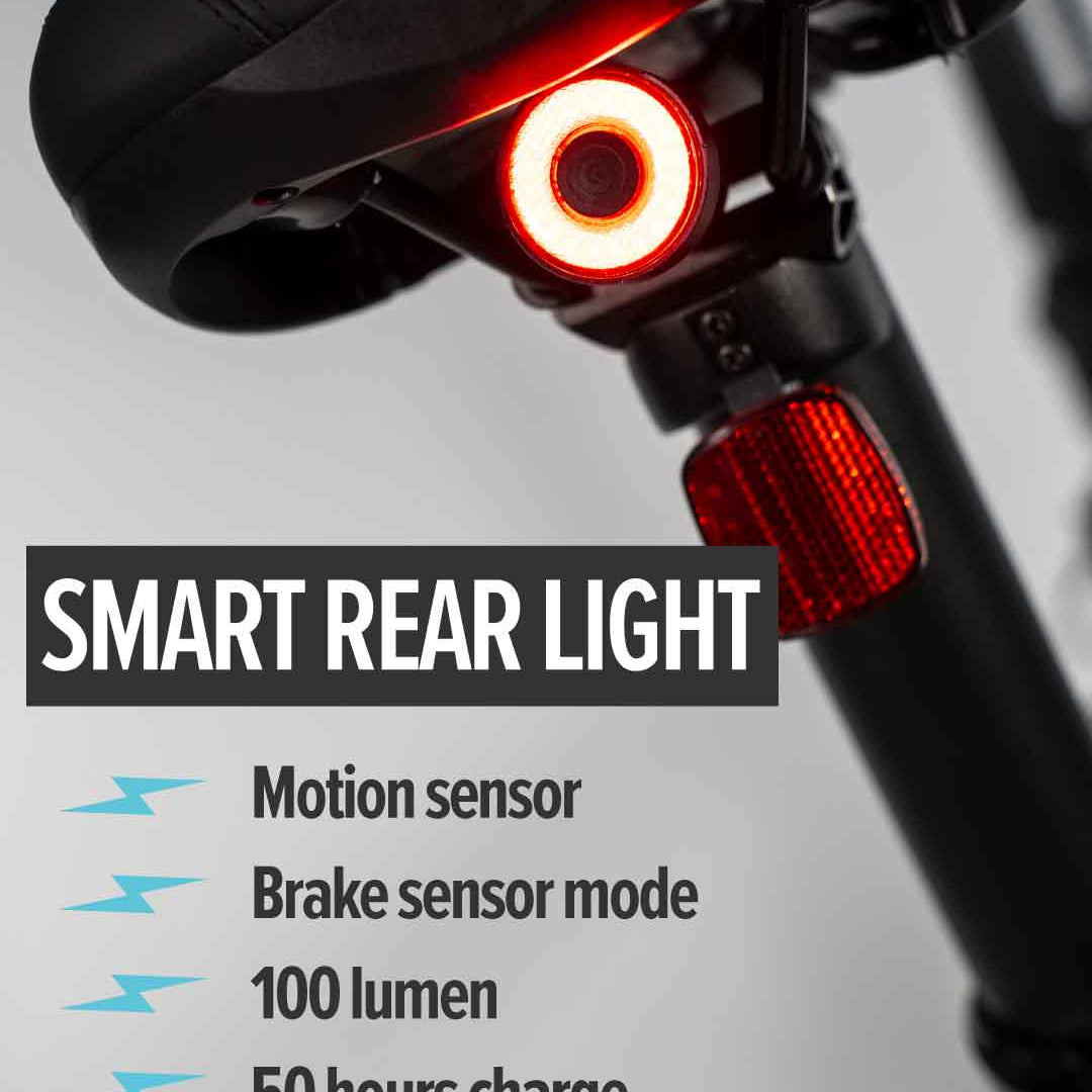 estarli E20.7 Comfort Hybrid E-Bike smart rear light with 4 modes and USB charging, designed for visibility and lightweight performance.