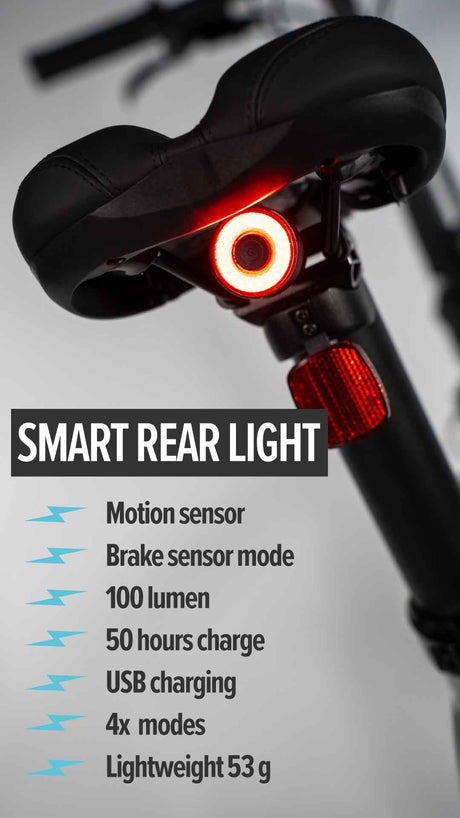 estarli E20.7 Comfort Hybrid E-Bike smart rear light with 4 modes and USB charging, designed for visibility and lightweight performance.