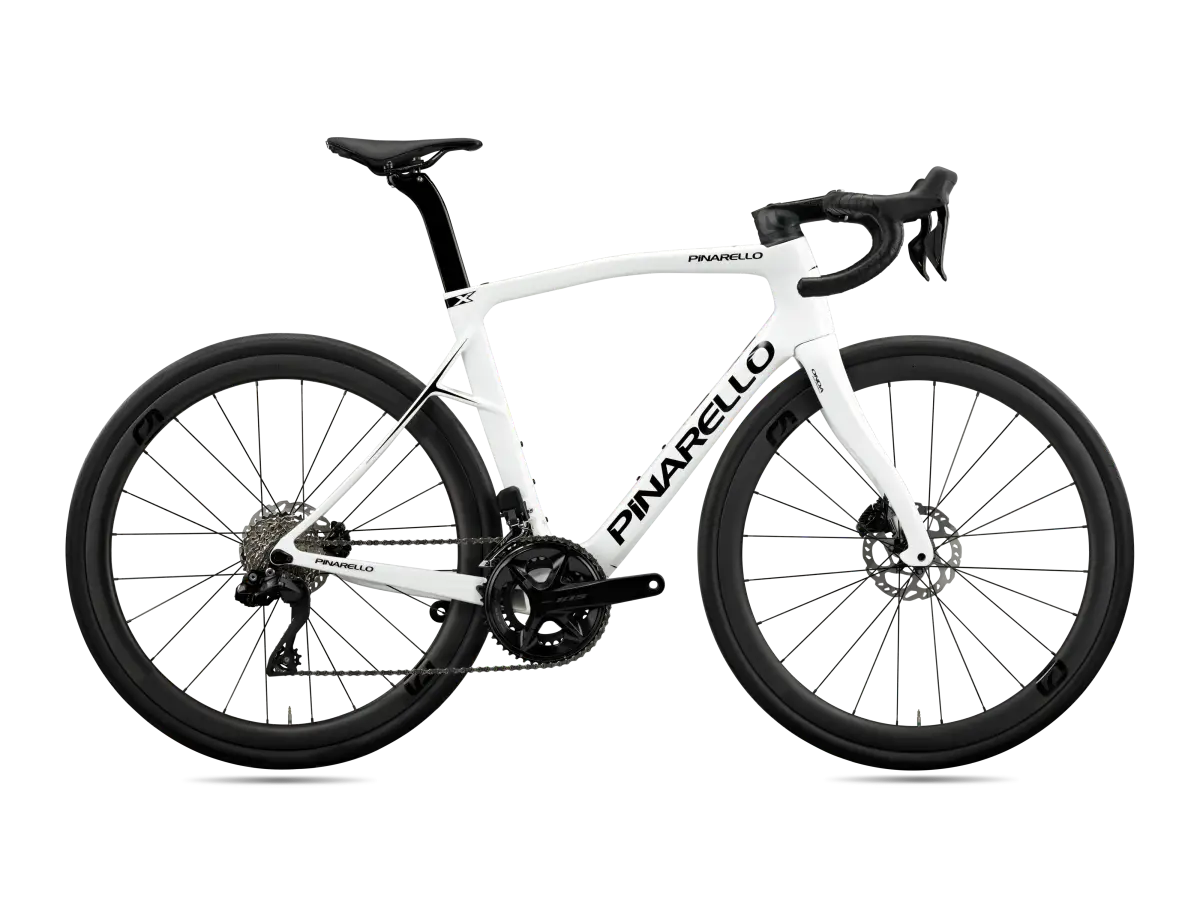 Pinarello X5 105 Di2 road bike in white with colorful accents, designed for speed and efficiency with Shimano Di2 electronic shifting.