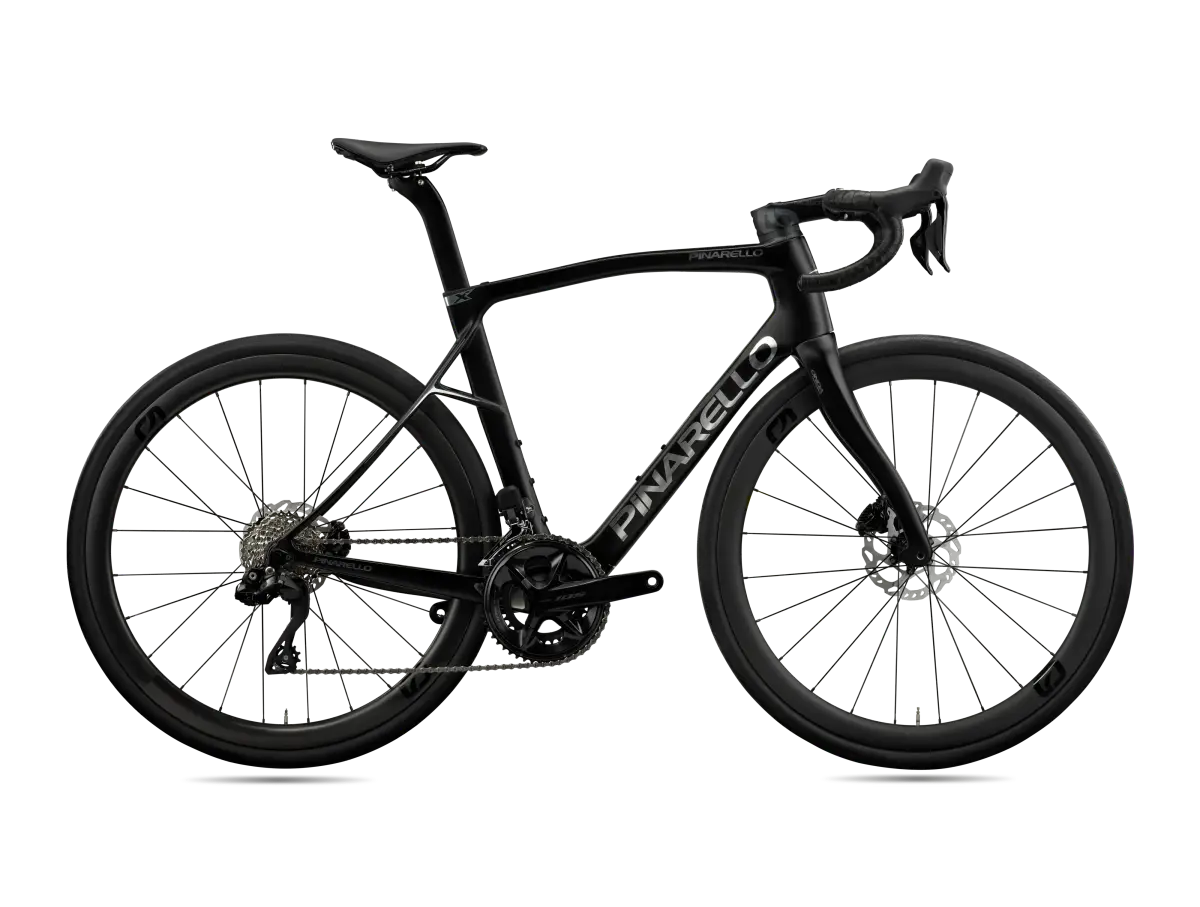 Pinarello X5 105 Di2 road bike in black, featuring Shimano Di2 electronic shifting and aerodynamic carbon frame for high-performance cycling.