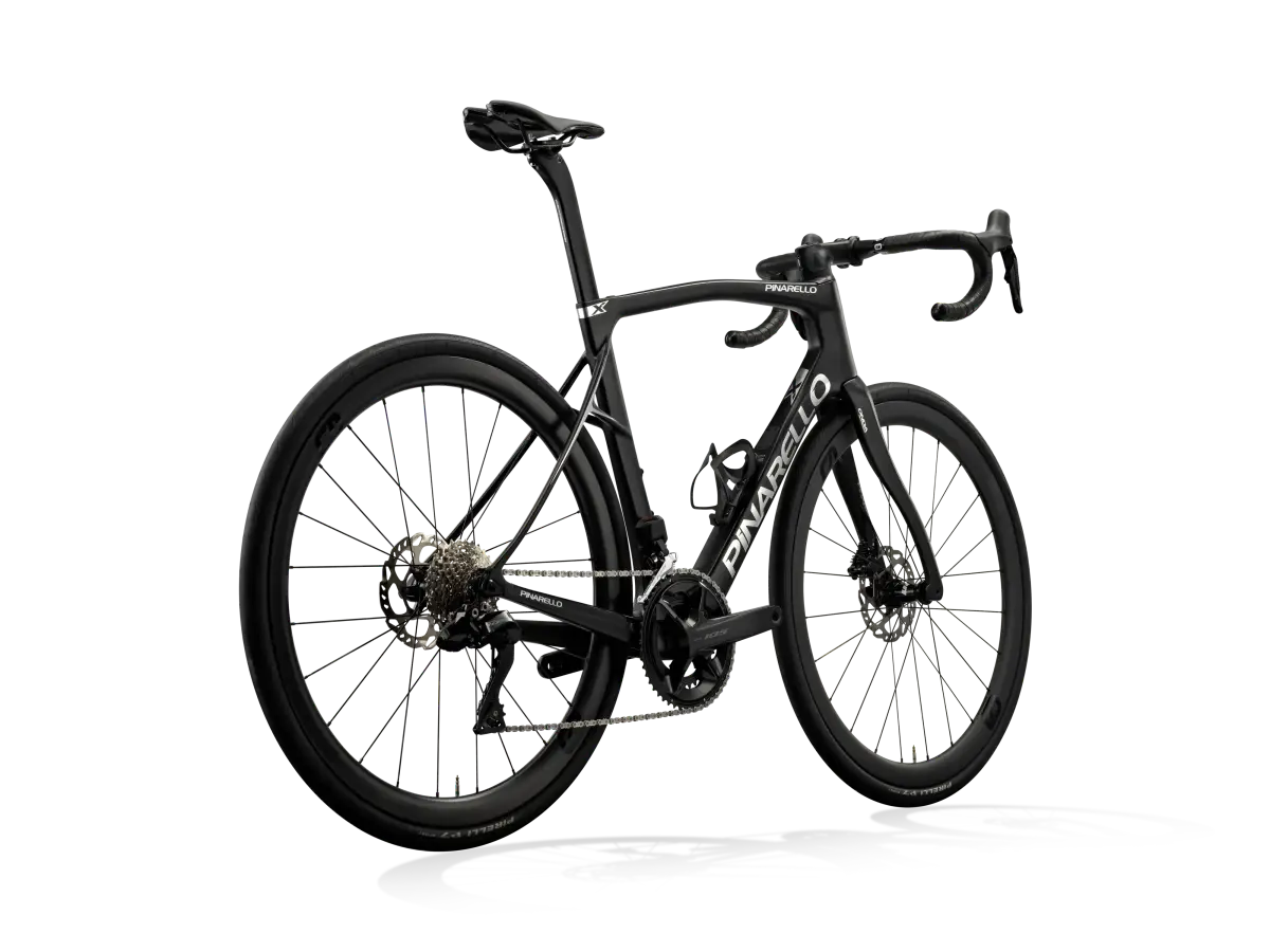 Rear-side view of the Pinarello X5 105 Di2 road bike in black, highlighting its aerodynamic design and high-performance disc brakes.