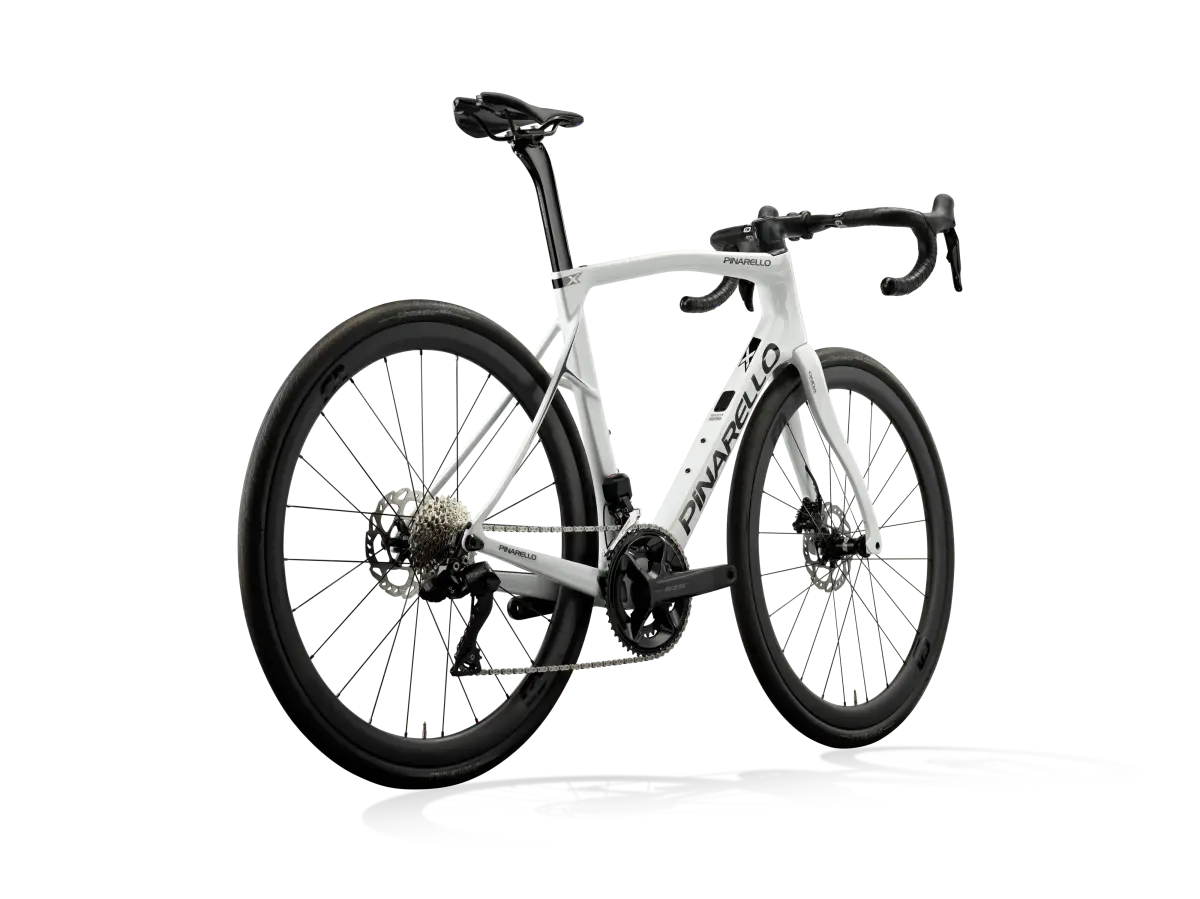 Rear-side view of the Pinarello X5 105 Di2 road bike in white, featuring disc brakes and a lightweight carbon frame for superior performance.
