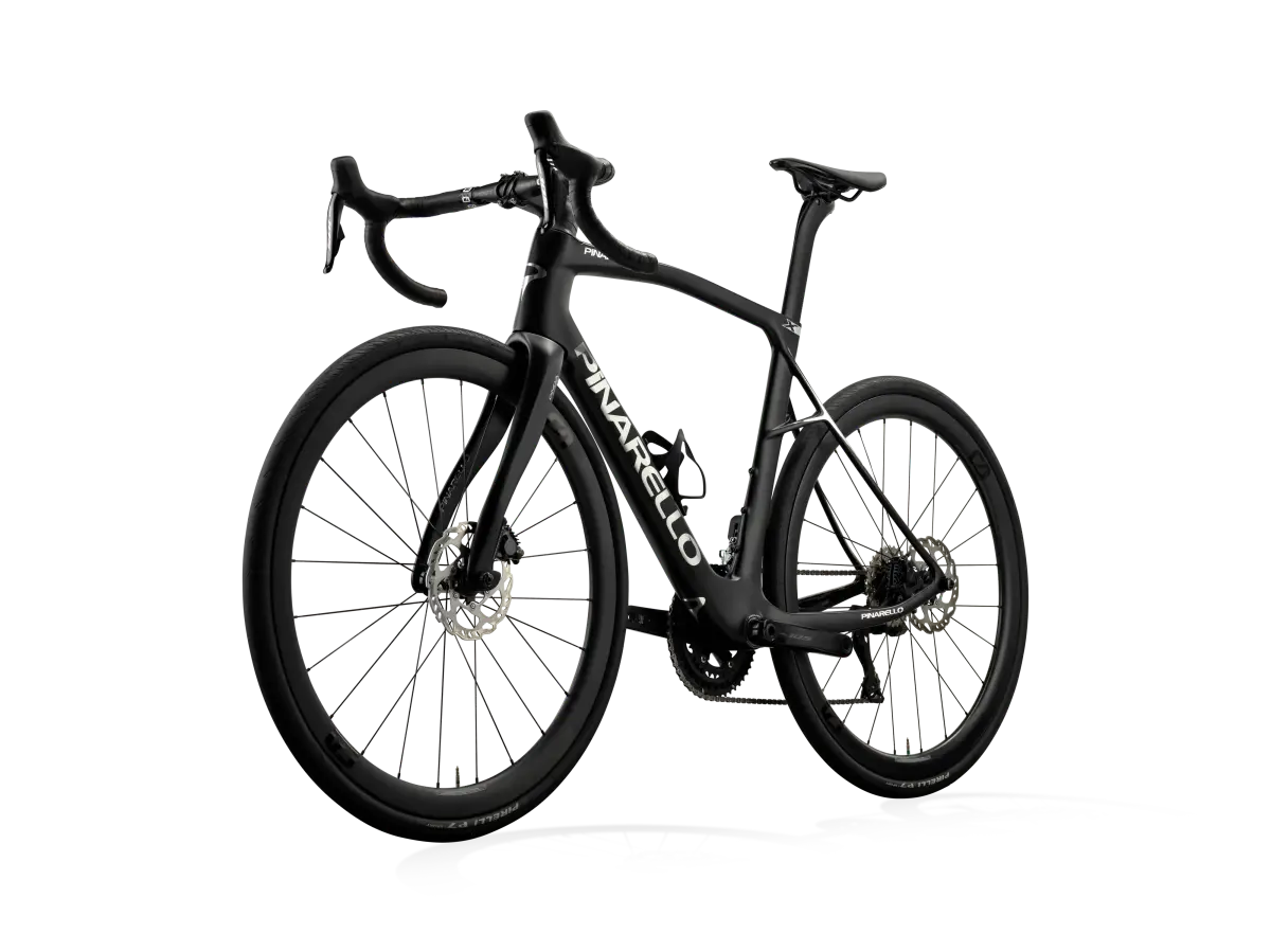 Side-angle view of the Pinarello X5 105 Di2 road bike in black, showcasing its sleek carbon frame and advanced Shimano Di2 electronic shifting.