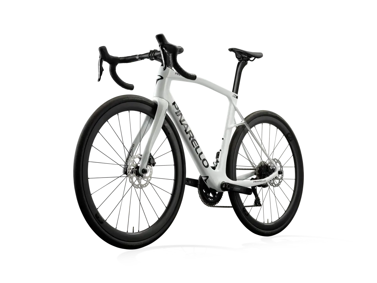Front-side view of the Pinarello X5 105 Di2 road bike in white, showcasing its aerodynamic carbon frame and precision electronic shifting.
