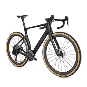 Five Black Cervélo Áspero-5 from a front three-quarter angle, showing the aero head tube and Cervélo carbon cockpit.