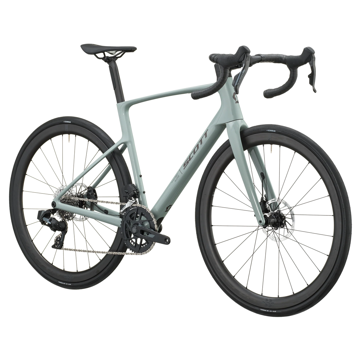 Iron grey Scott Addict 25 road bike, drive-side profile with SRAM Rival AXS groupset and disc brakes.