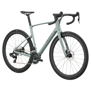 Iron grey Scott Addict 25 road bike, drive-side profile with SRAM Rival AXS groupset and disc brakes.