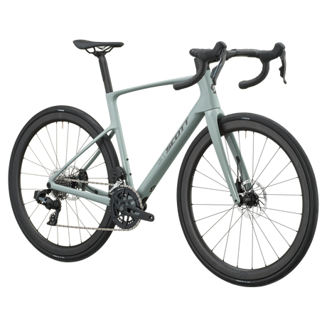 Iron grey Scott Addict 25 road bike, drive-side profile with SRAM Rival AXS groupset and disc brakes.
