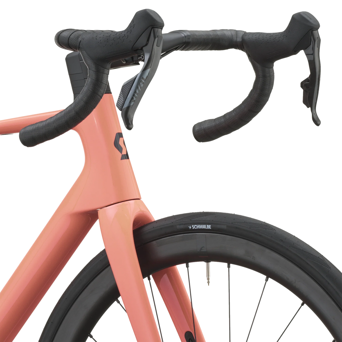 Cockpit of the peach pink Scott Addict 25 with taped drop bars and SRAM Rival AXS shifters.