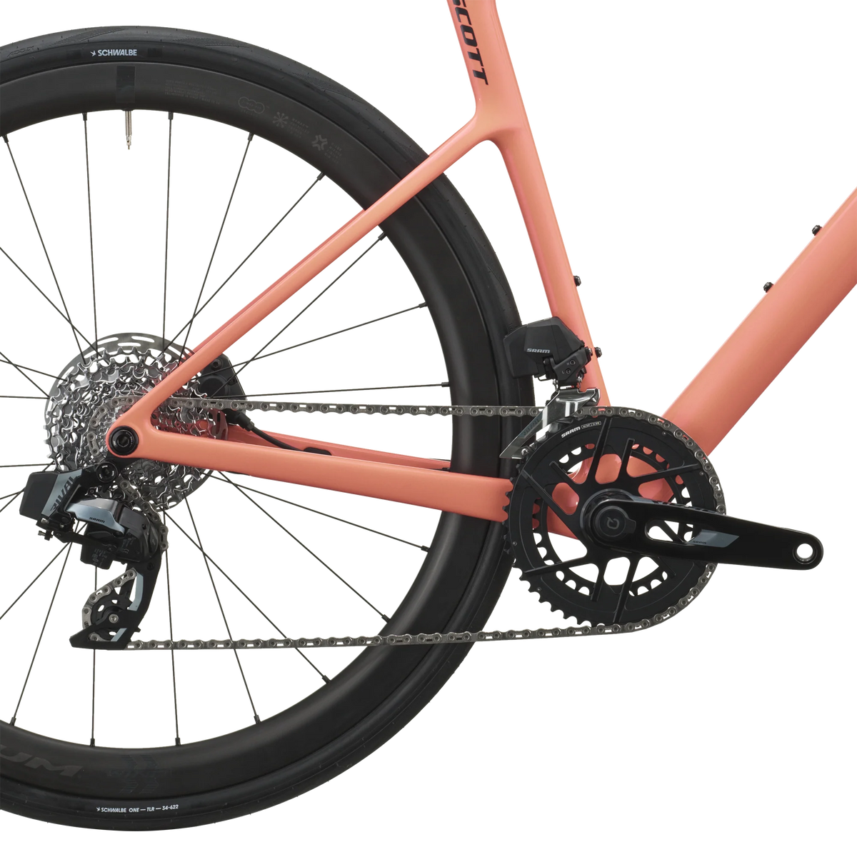 SRAM Rival AXS rear derailleur and cassette on the peach pink Scott Addict 25, with Fulcrum Wind 42 carbon wheel.