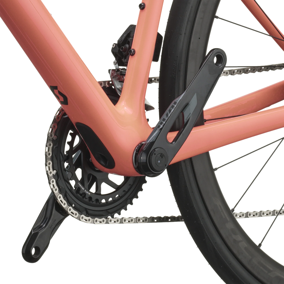 SRAM Rival AXS chainset with integrated power meter on the peach pink Scott Addict 25.