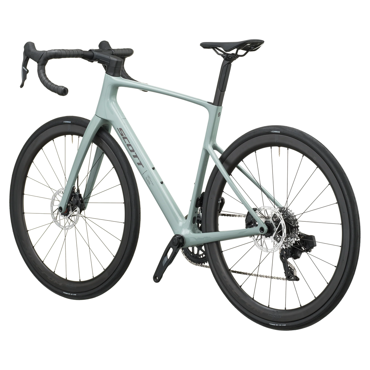 Iron grey Scott Addict 25 road bike from the non-drive side, showing the dropped seat stays and disc rotors.