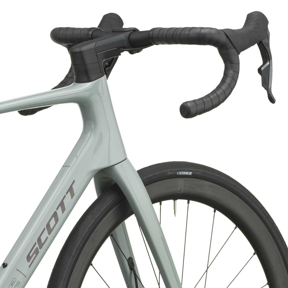 Iron grey Scott Addict 25 road bike from a front three-quarter angle with the SCOTT logo on the down tube.