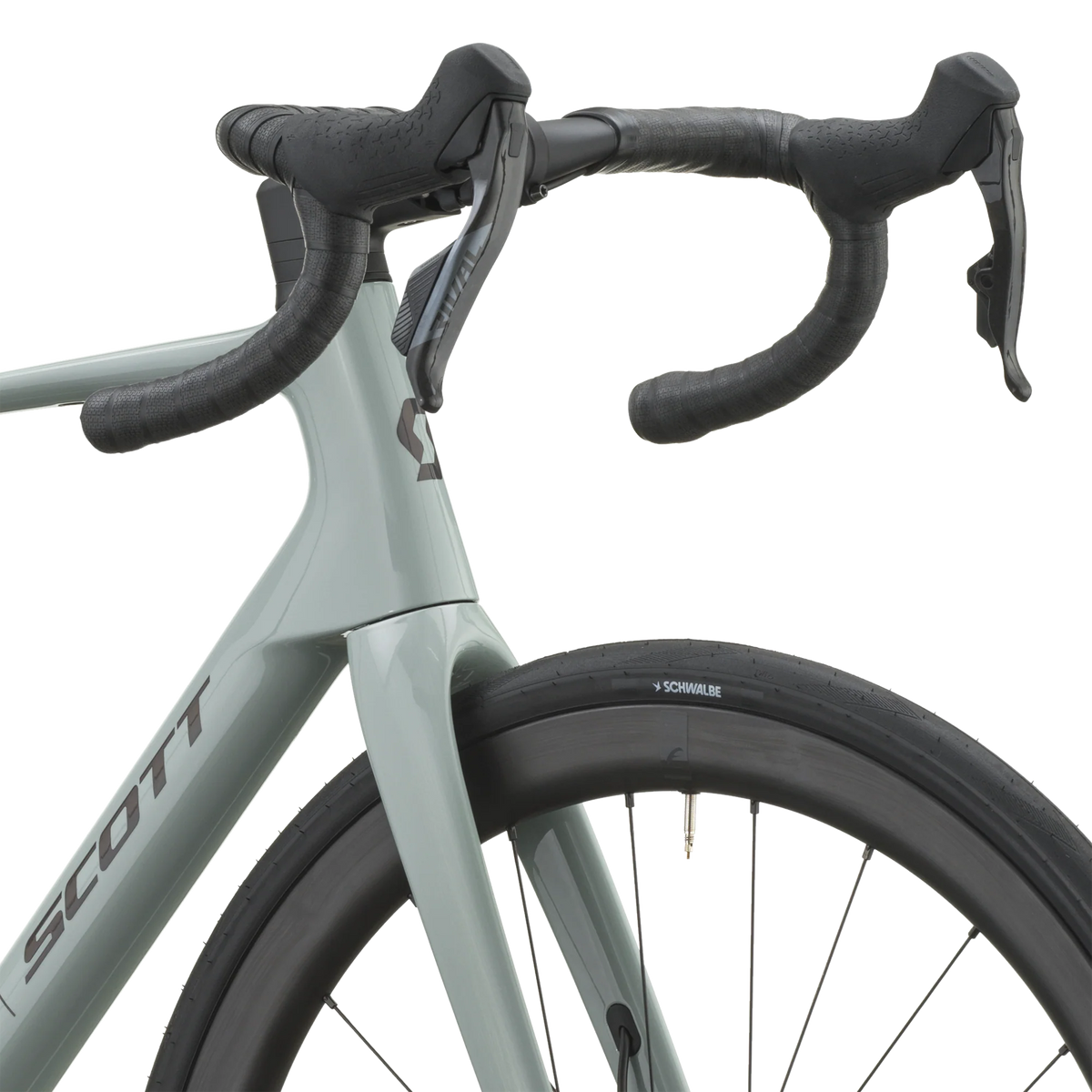Cockpit of the iron grey Scott Addict 25 with taped drop bars and SRAM Rival AXS shifters.