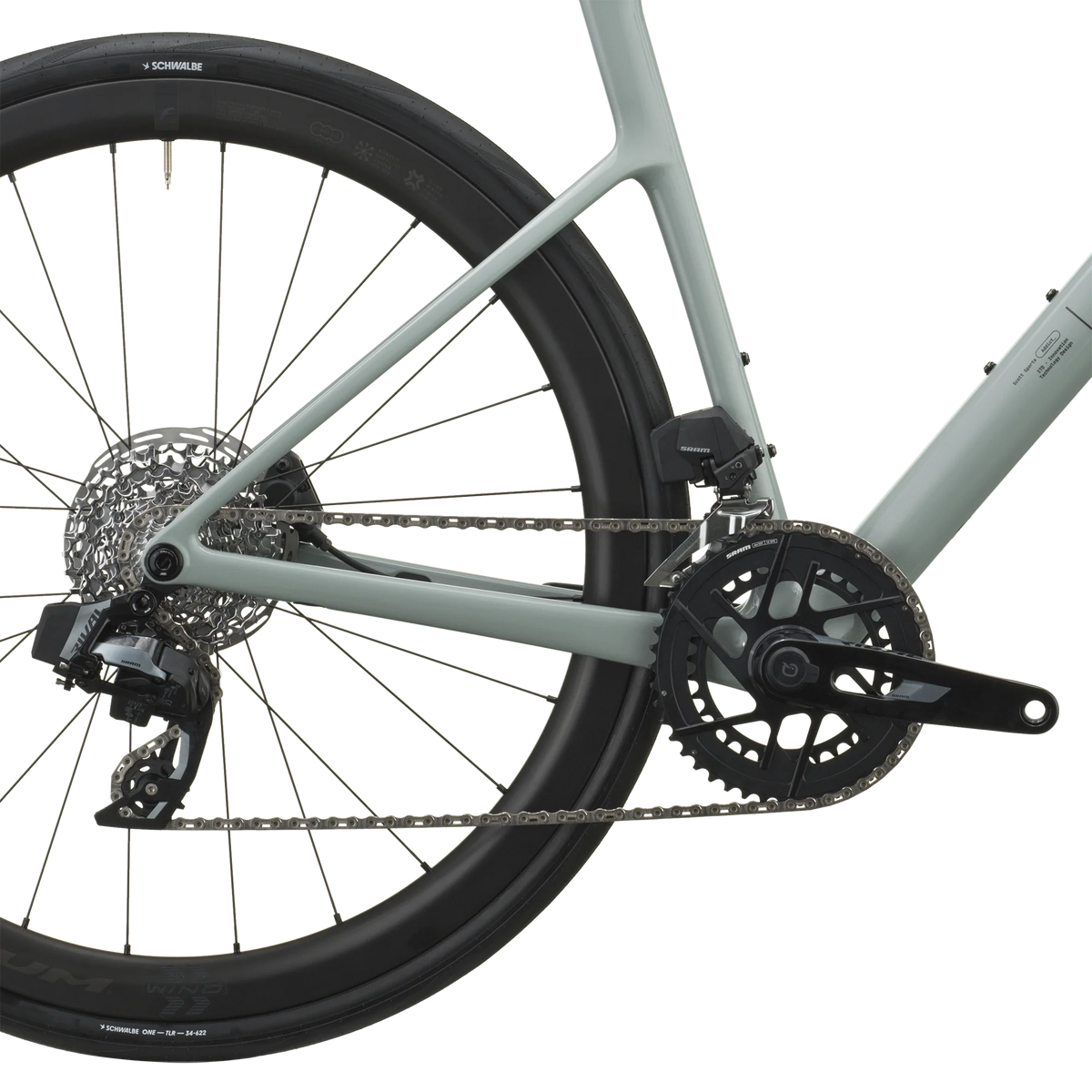 SRAM Rival AXS rear derailleur and cassette on the iron grey Scott Addict 25, with Fulcrum Wind 42 carbon wheel.