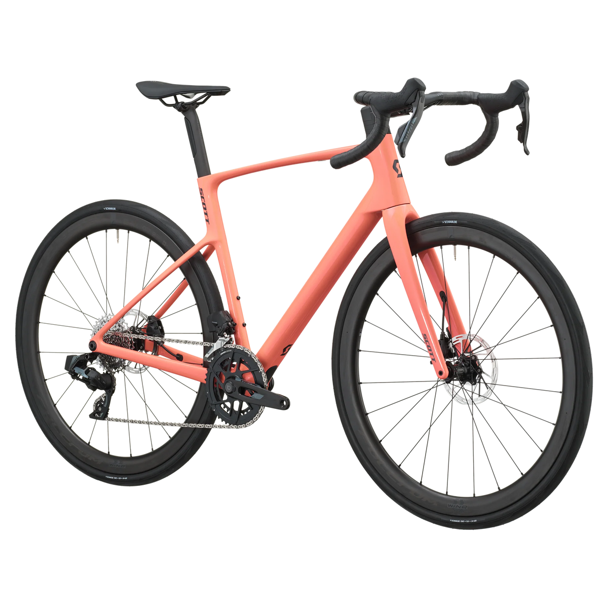 Peach pink Scott Addict 25 road bike, drive-side profile with SRAM Rival AXS groupset and disc brakes.