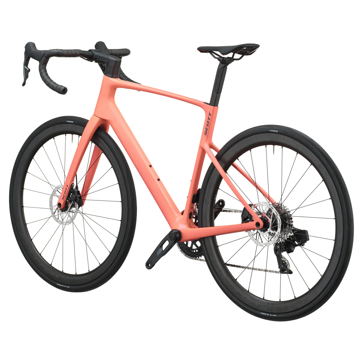 Peach pink Scott Addict 25 road bike from the non-drive side, showing the dropped seat stays and disc rotors.