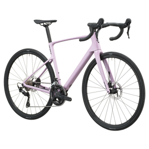 Mallow pink Scott Addict 50 road bike, drive-side profile with Shimano 105 groupset and disc brakes.
