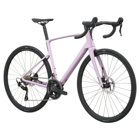 Mallow pink Scott Addict 50 road bike, drive-side profile with Shimano 105 groupset and disc brakes.