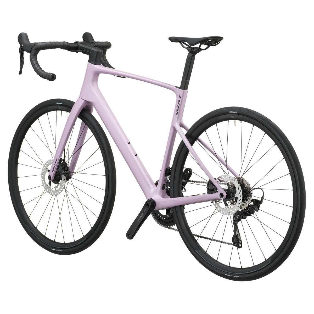 Mallow pink Scott Addict 50 road bike from the non-drive side, showing the dropped seat stays and disc rotors.