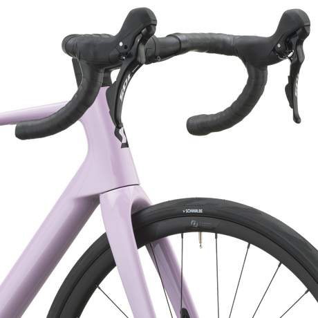 Cockpit of the mallow pink Scott Addict 50 with taped drop bars and Shimano 105 shifters.