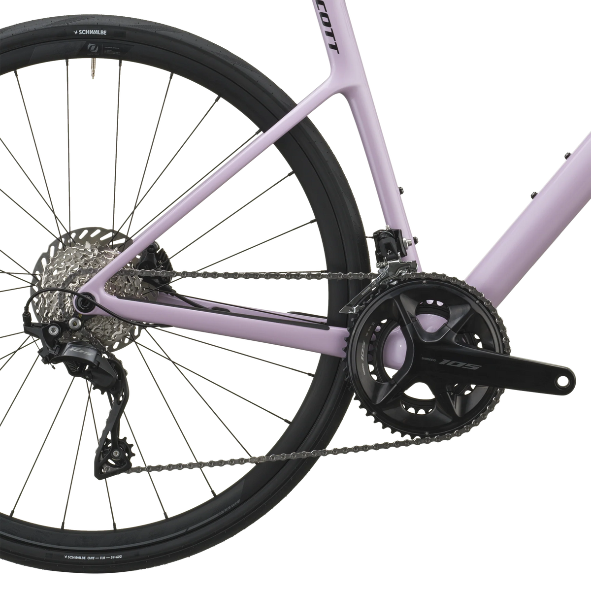 Shimano 105 rear derailleur and cassette on the mallow pink Scott Addict 50, with Syncros RP2.0 wheel.