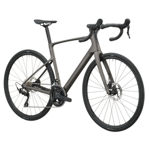 Tungsten grey Scott Addict 50 road bike, drive-side profile with Shimano 105 groupset and disc brakes.