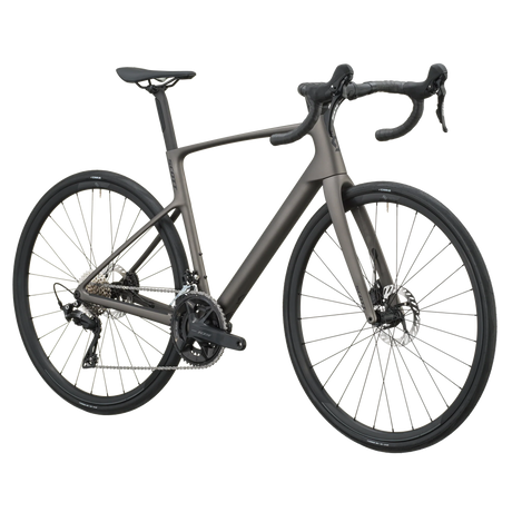 Tungsten grey Scott Addict 50 road bike, drive-side profile with Shimano 105 groupset and disc brakes.