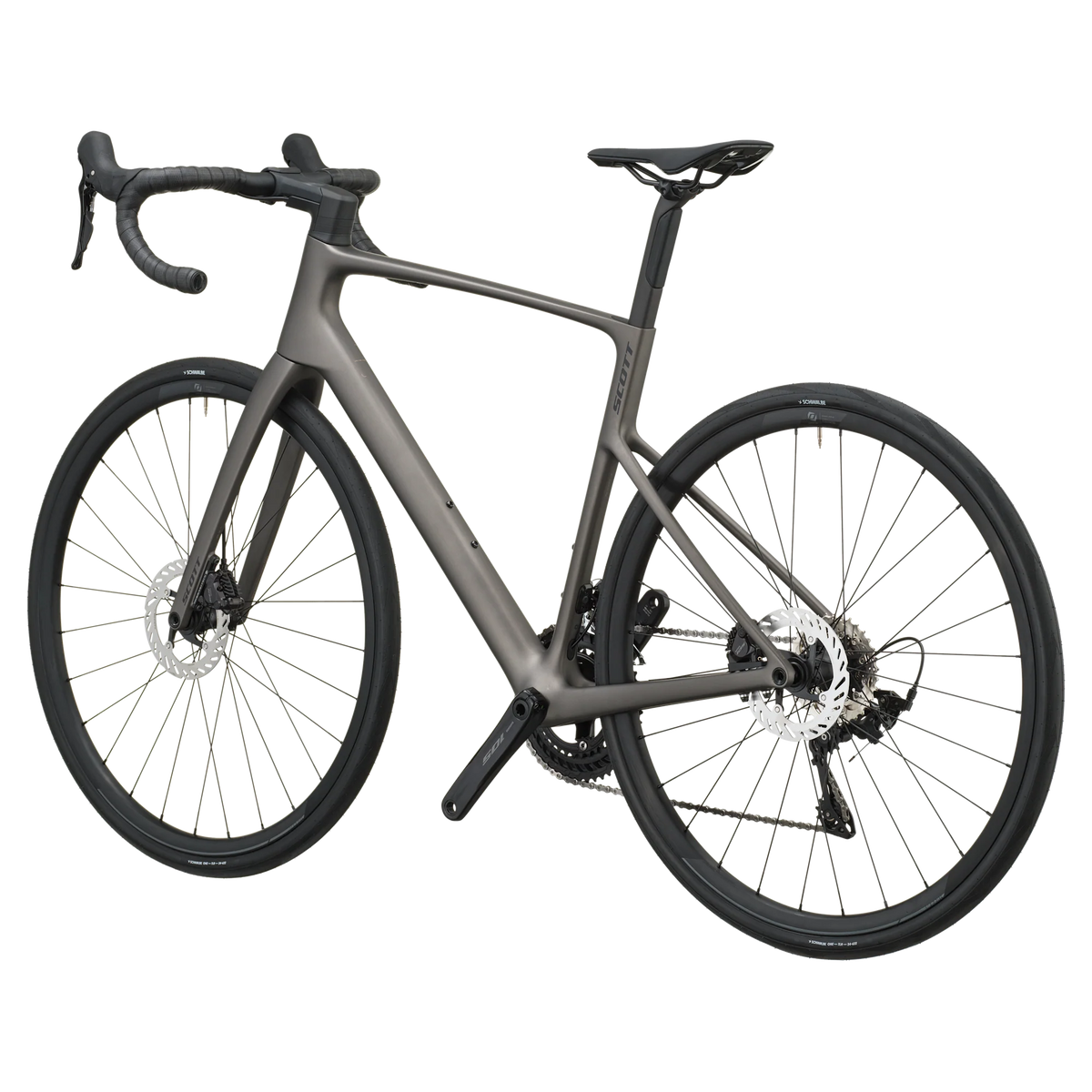 Tungsten grey Scott Addict 50 road bike from the non-drive side, showing the dropped seat stays and disc rotors.