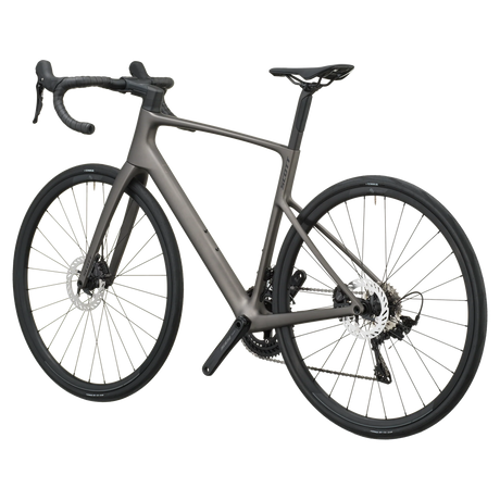 Tungsten grey Scott Addict 50 road bike from the non-drive side, showing the dropped seat stays and disc rotors.