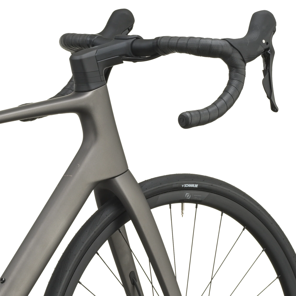 Tungsten grey Scott Addict 50 road bike from a front three-quarter angle with the SCOTT logo on the down tube.