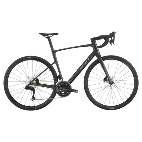 Carbon black Scott Addict 40 road bike, drive-side profile with Shimano 105 groupset and disc brakes.