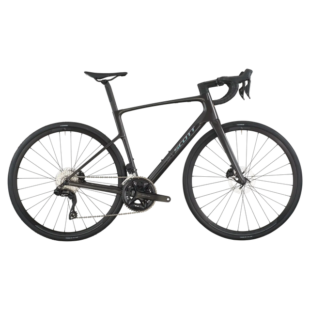 Carbon black Scott Addict 40 road bike, drive-side profile with Shimano 105 groupset and disc brakes.