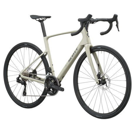 Agate grey Scott Addict 40 road bike from a front three-quarter angle showing the aero head tube and drop bars.