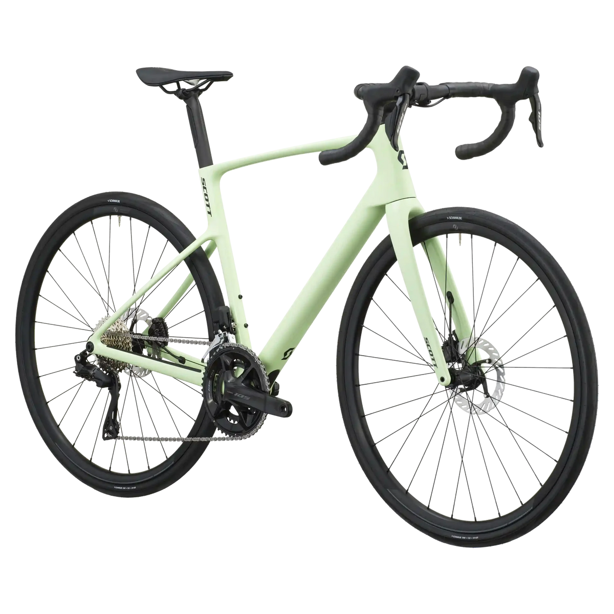 Cream green Scott Addict 40 road bike from a front three-quarter angle showing the aero head tube and drop bars.