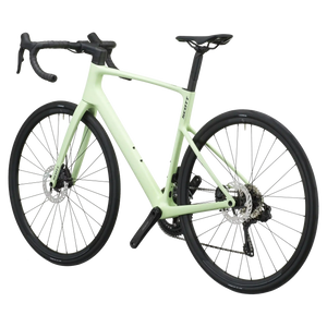 Cream green Scott Addict 40 road bike from a rear three-quarter angle showing the dropped seat stays and disc rotors.