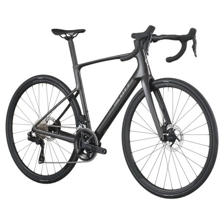 Carbon black Scott Addict 40 road bike from a front three-quarter angle showing the aero head tube and drop bars.