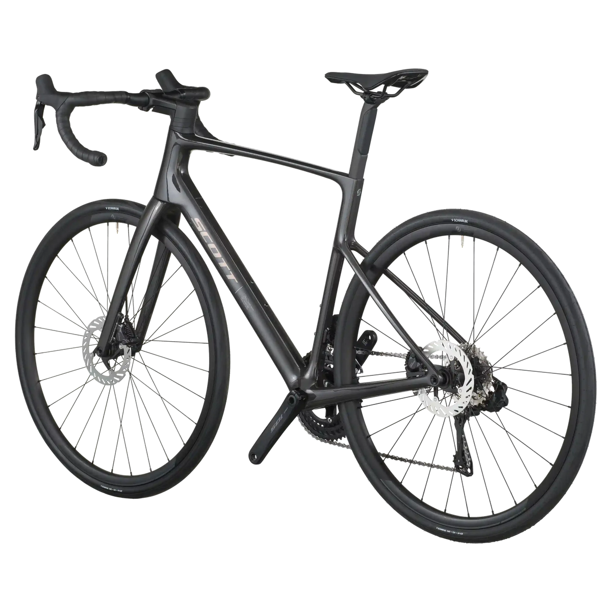 Carbon black Scott Addict 40 road bike from a rear three-quarter angle showing the dropped seat stays and disc rotors.