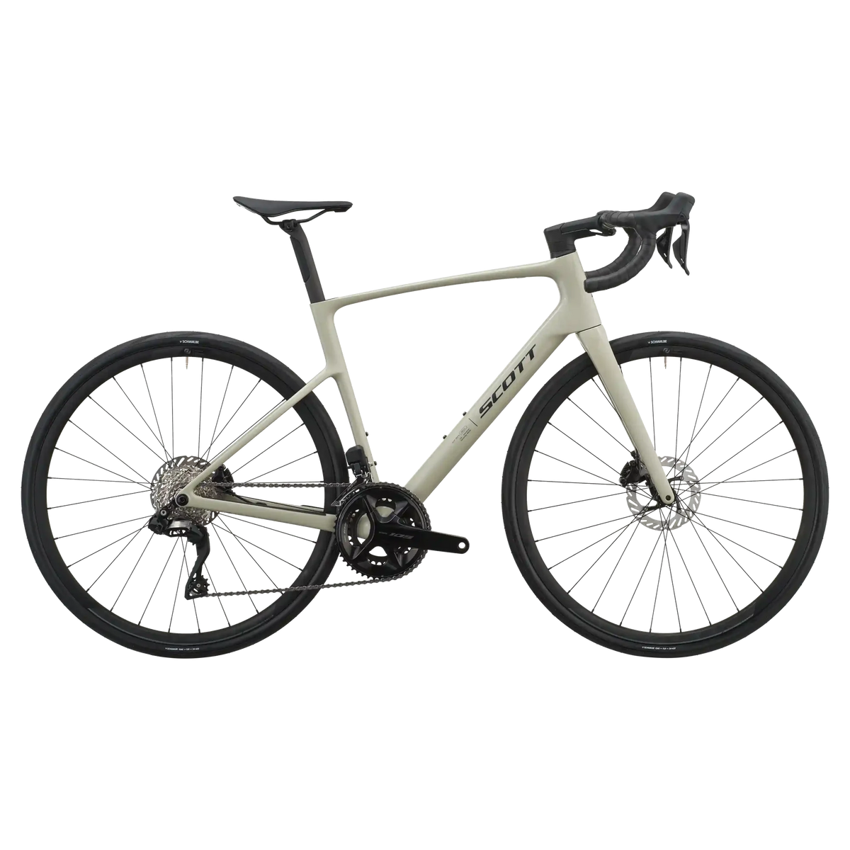 Agate grey Scott Addict 40 road bike, drive-side profile with Shimano 105 groupset and disc brakes.