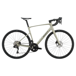 Agate grey Scott Addict 40 road bike, drive-side profile with Shimano 105 groupset and disc brakes.