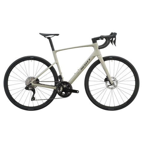 Agate grey Scott Addict 40 road bike, drive-side profile with Shimano 105 groupset and disc brakes.