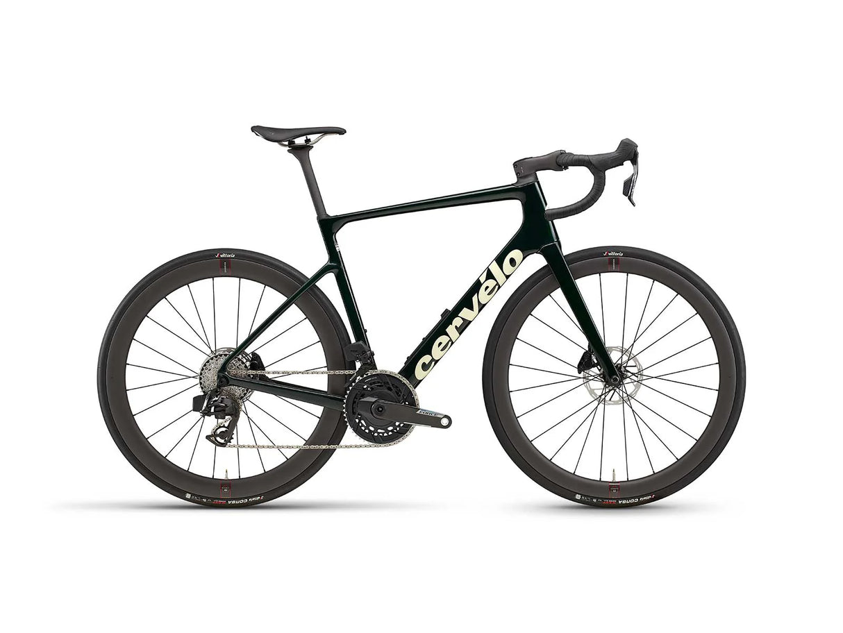 Black bicycle with 'Cervelo' branding on a white background