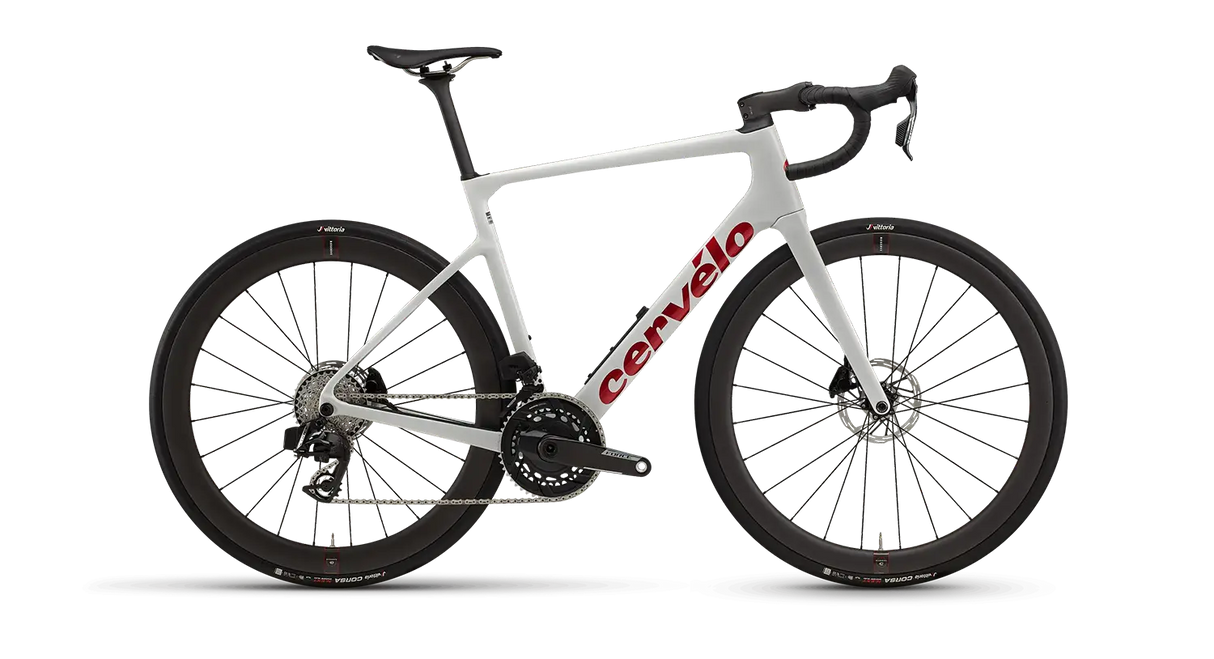White bicycle with red 'Cervelo' logo on a white background
