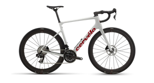 White bicycle with red 'Cervelo' logo on a white background