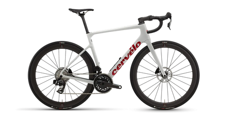 White bicycle with red 'Cervelo' logo on a white background