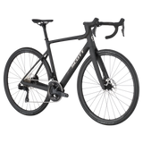 Side-angle view of the Scott Addict 40 Road Bike in matte black, showcasing its aerodynamic design, carbon frame, and precision drivetrain.