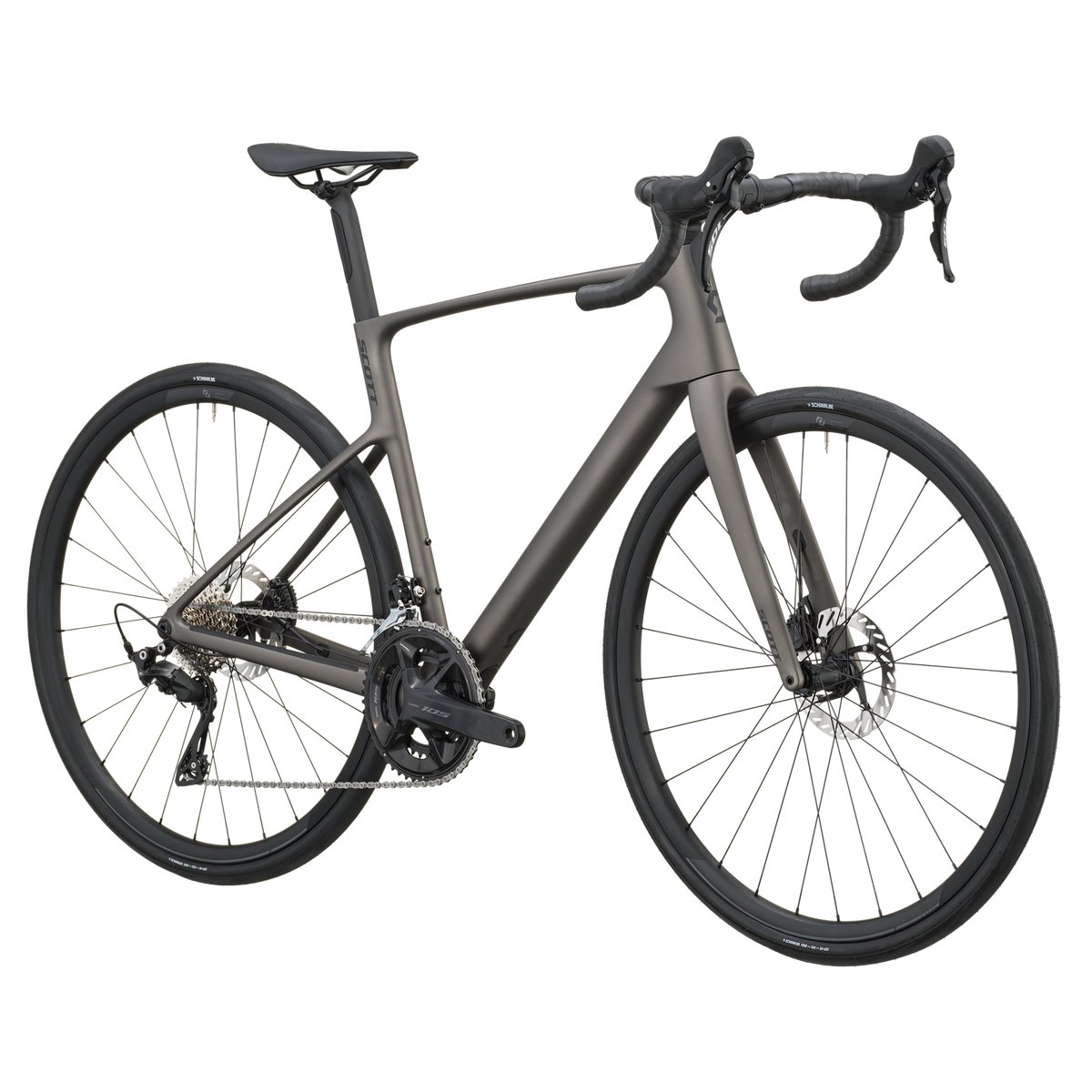 Tungsten grey Scott Addict 50 road bike, drive-side profile with Shimano 105 groupset and disc brakes.